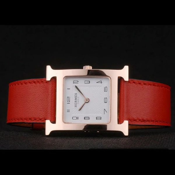 Hermes Heure H Rose Gold Bezel Red Leather Strap White Dial new59197