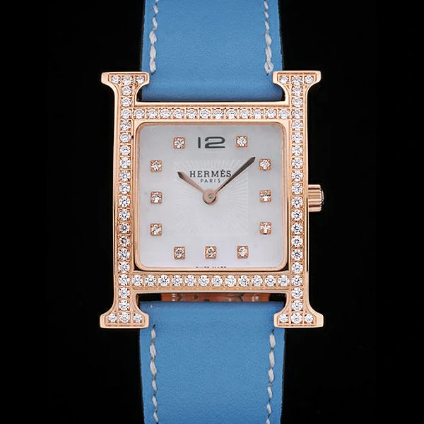 Hermes Heure H Rose Gold Diamond Encrusted Bezel Blue Leather Strap White Dial new59202