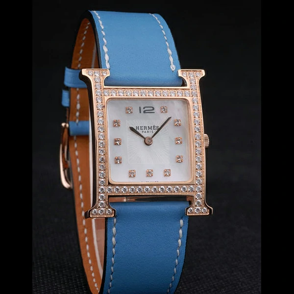 Hermes Heure H Rose Gold Diamond Encrusted Bezel Blue Leather Strap White Dial new59202