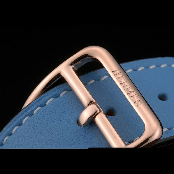 Hermes Heure H Rose Gold Diamond Encrusted Bezel Blue Leather Strap White Dial new59202