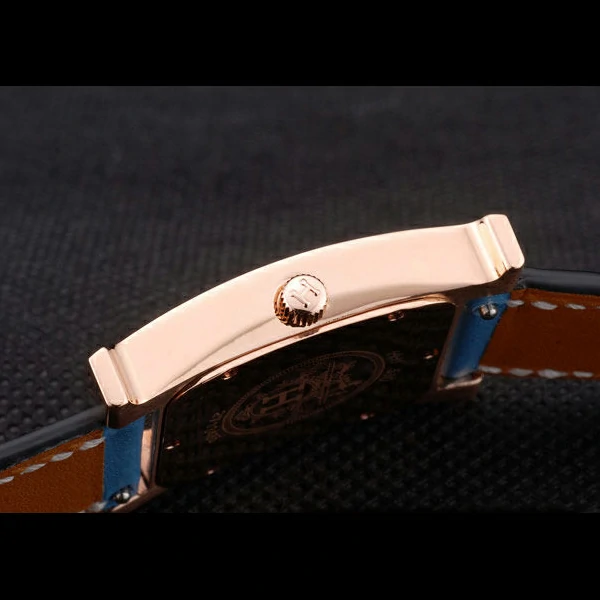Hermes Heure H Rose Gold Diamond Encrusted Bezel Blue Leather Strap White Dial new59202