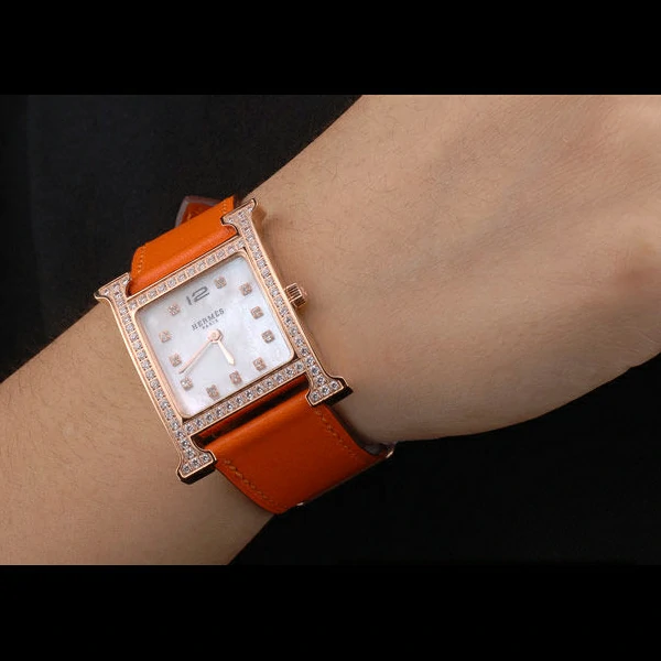 Hermes Heure H Rose Gold Diamond Encrusted Bezel Orange Leather Strap White Dial new59201