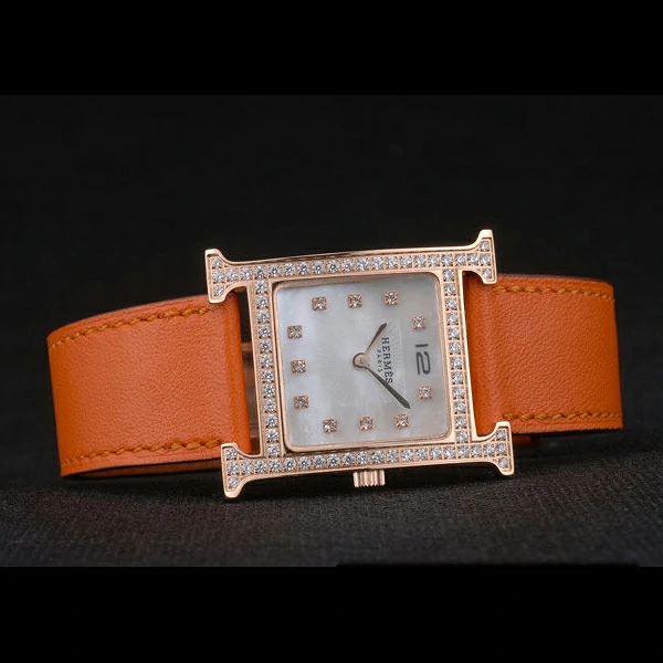 Hermes Heure H Rose Gold Diamond Encrusted Bezel Orange Leather Strap White Dial new59201