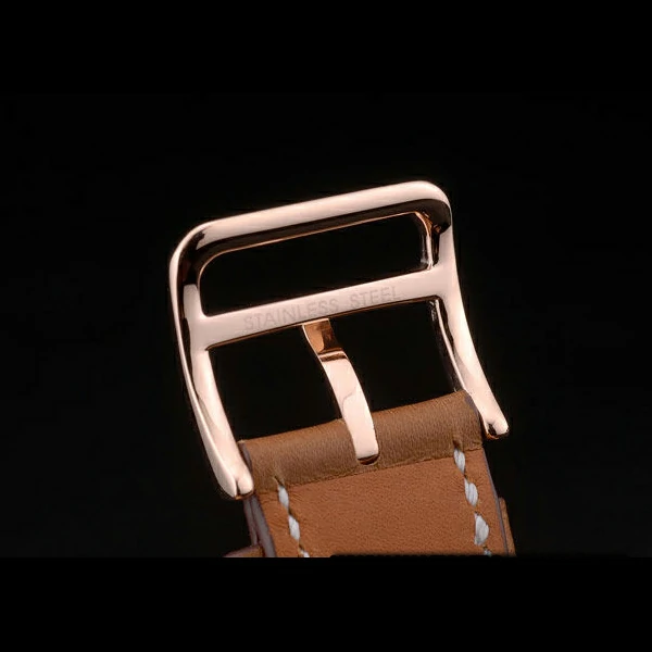 Hermes Heure H Rose Gold Diamond Encrusted Bezel Tan Leather Strap White Dial new59200