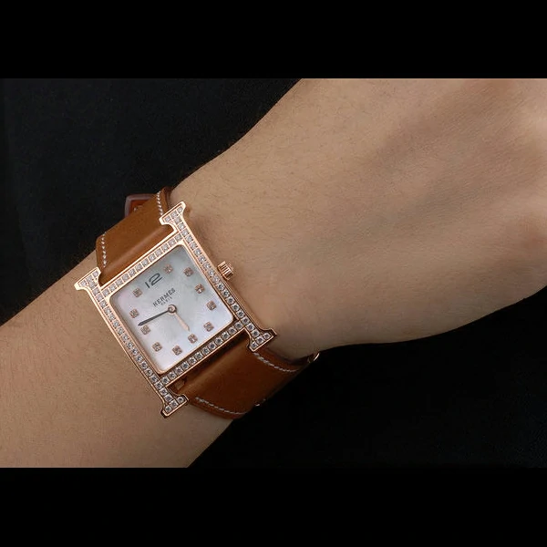 Hermes Heure H Rose Gold Diamond Encrusted Bezel Tan Leather Strap White Dial new59200
