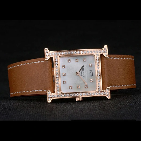 Hermes Heure H Rose Gold Diamond Encrusted Bezel Tan Leather Strap White Dial new59200