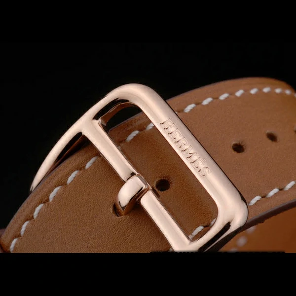 Hermes Heure H Rose Gold Diamond Encrusted Bezel Tan Leather Strap White Dial new59200
