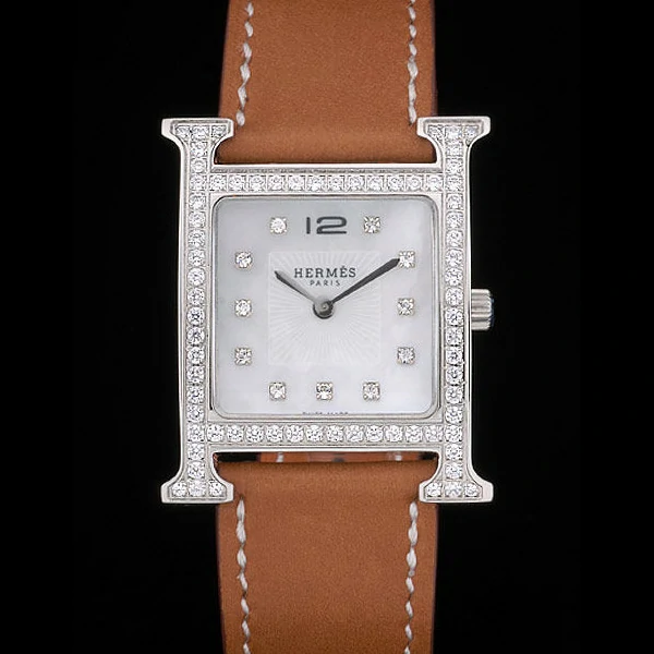 Hermes Heure H Stainless Steel Diamond Encrusted Bezel Tan Leather Strap White Dial new59196