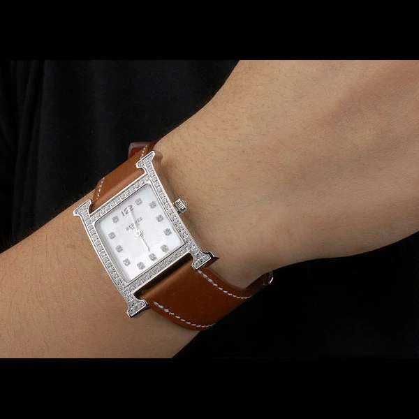 Hermes Heure H Stainless Steel Diamond Encrusted Bezel Tan Leather Strap White Dial new59196