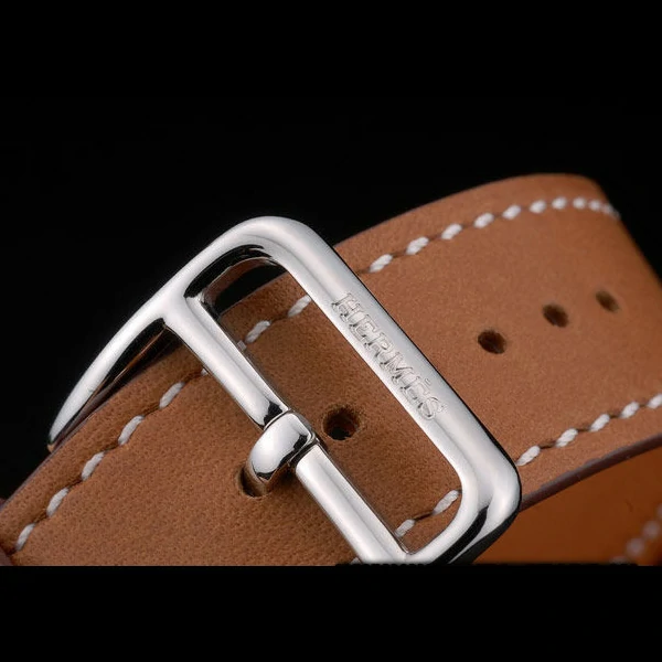 Hermes Heure H Stainless Steel Diamond Encrusted Bezel Tan Leather Strap White Dial new59196