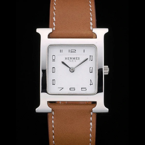 Hermes Heure H Stainless Steel Polished Bezel Tan Leather Strap White Dial new59195