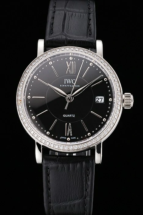 IWC Portofino Black Dial Stainless Steel Case Diamonds Bezel Black Leather Strap new122037