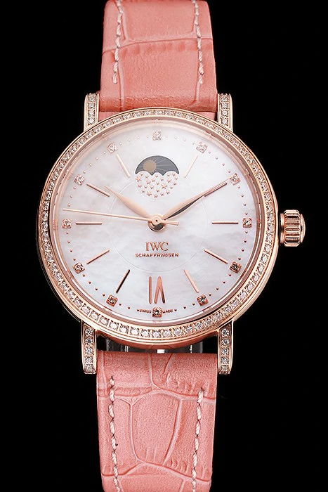 IWC Portofino Moon Phase Silver Dial Rose Gold Case Diamonds Bezel Pink Leather Strap new122044
