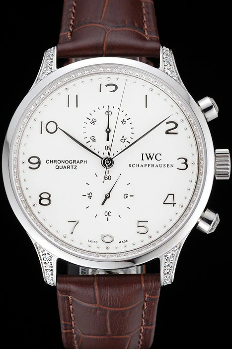 IWC Portugieser Chronograph White Dial Steel Hands And Numerals Steel Case With Diamonds Brown Leather Strap new121370