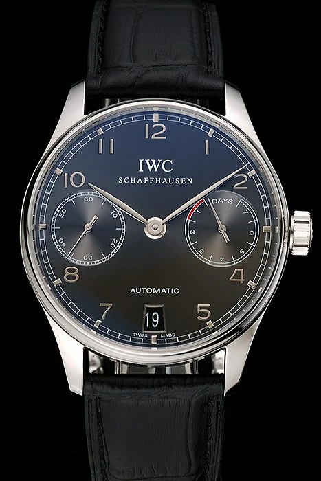 IWC Portuguese Black Dial Black Subdials Silver Case Black Leather Bracelet new124524