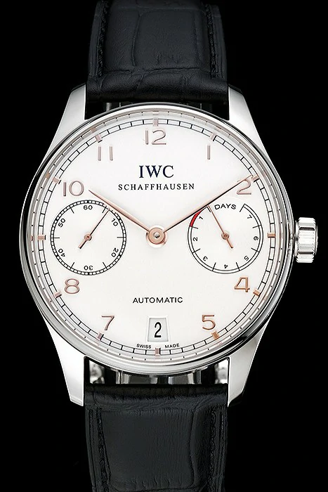 IWC Portuguese White Dial Rose Gold Numerals Silver Case Black Leather Bracelet new124527