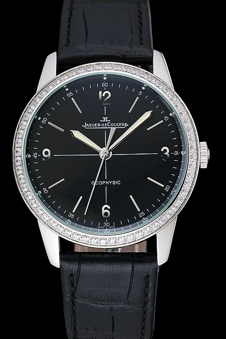 Jaeger LeCoultre Geophysic Black Dial Silver Diamond Case Black Leather Bracelet new124892