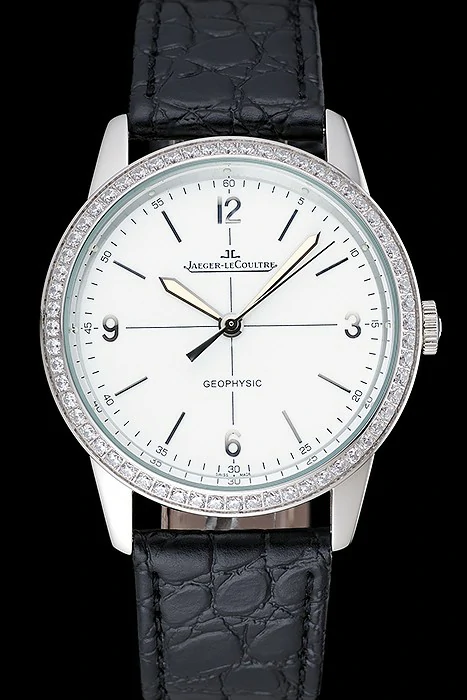 Jaeger LeCoultre Geophysic White Dial Silver Diamond Case Black Leather Bracelet new124891