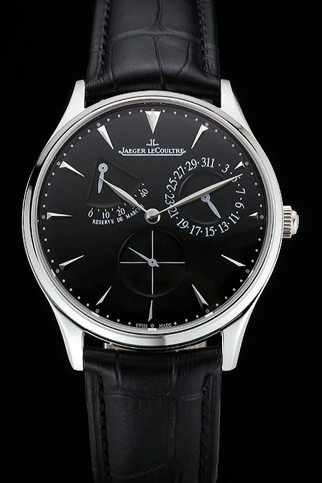 Jaeger LeCoultre Master Ultra Thin Reserve De Marche Black Dial Stainless Steel Case Black Leather Strap new123398
