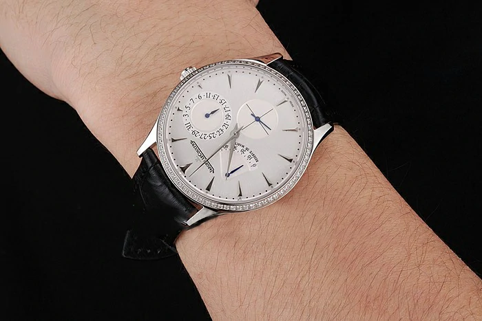 Jaeger LeCoultre Master Ultra Thin Reserve De Marche White Dial Diamond Bezel Stainless Steel Case Black Leather Strap new123394