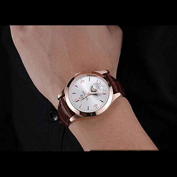 Jaeger LeCoultre Master White Dial Brown Leather Band Rose Gold Bezel new59982