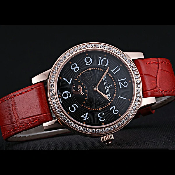 Jaeger LeCoultre Rendez Vous Black Dial Red Leather Strap Diamond Bezel new59985