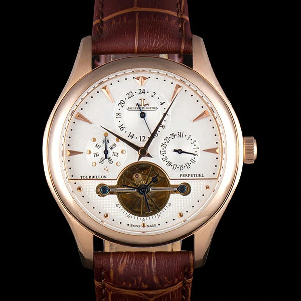 Jaeger Lecoultre Tourbillon Perpetuel Gold Bezel Brown Leather Band new59709