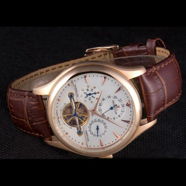 Jaeger Lecoultre Tourbillon Perpetuel Gold Bezel Brown Leather Band new59709