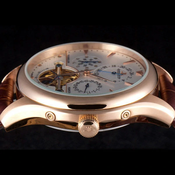 Jaeger Lecoultre Tourbillon Perpetuel Gold Bezel Brown Leather Band new59709