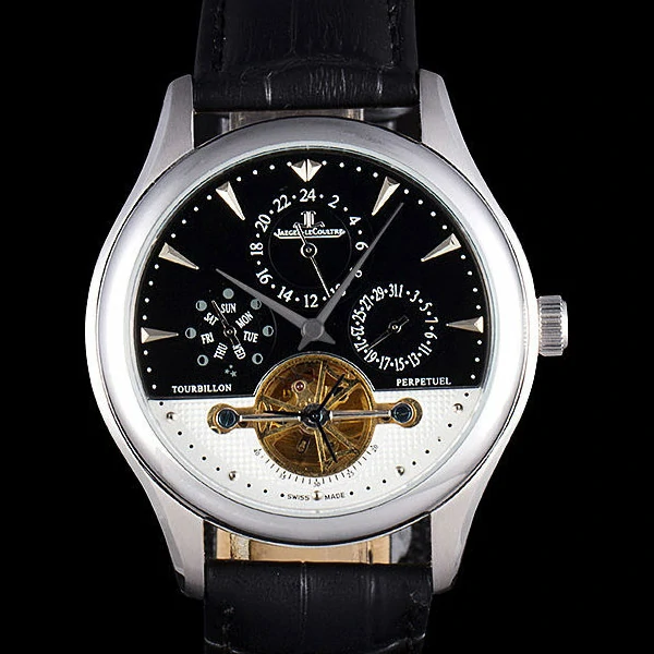 Jaeger Lecoultre Tourbillon Perpetuel Silver Bezel Black Leather Band new59705