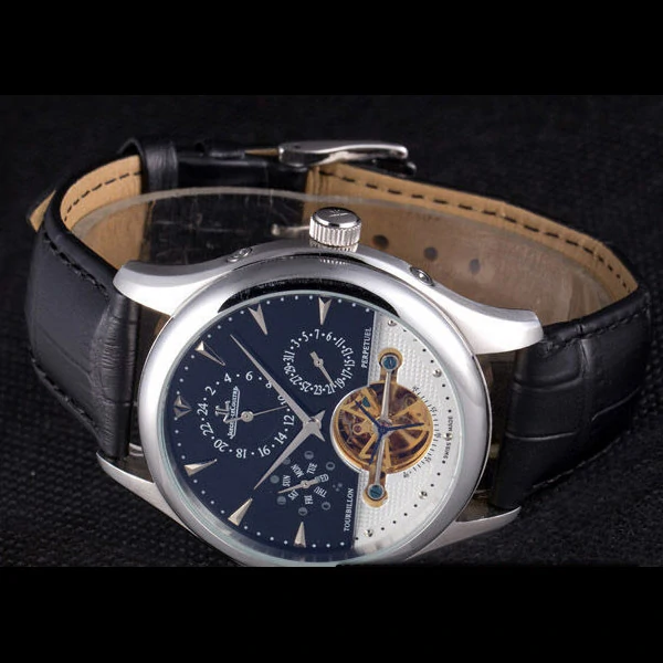 Jaeger Lecoultre Tourbillon Perpetuel Silver Bezel Black Leather Band new59705