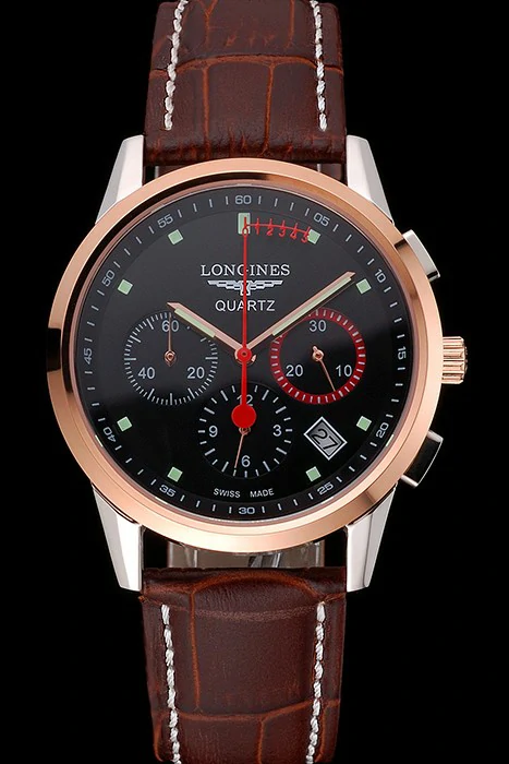 Longines Column Wheel Black Dial Two Tone Case Brown Leather Strap new121381