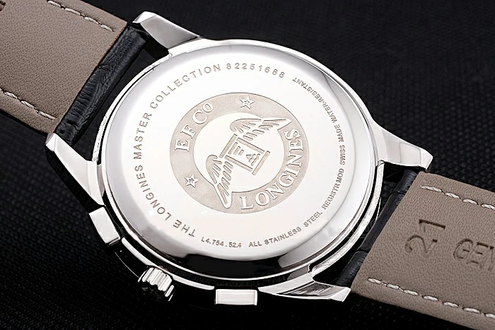 Longines Column Wheel White Dial Silver Stainless Steel Case Black Leather Strap new121376