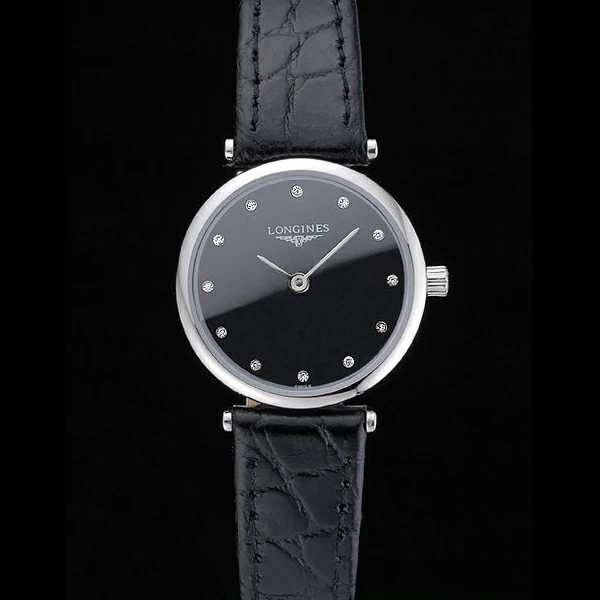 Longines La Grande Classique Black Dial Black Leather Band Diamond Markers Femme new60031