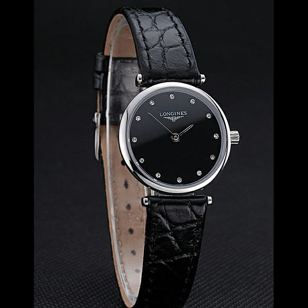 Longines La Grande Classique Black Dial Black Leather Band Diamond Markers Femme new60031
