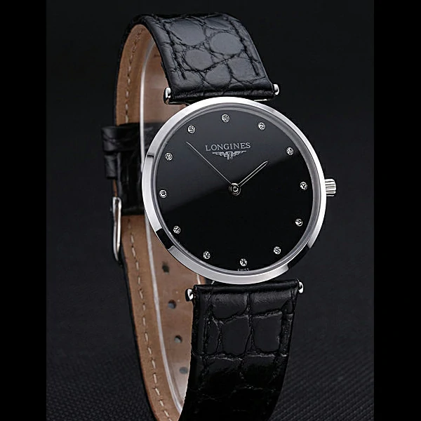 Longines La Grande Classique Black Dial Black Leather Band Diamond Markers Homme new60030