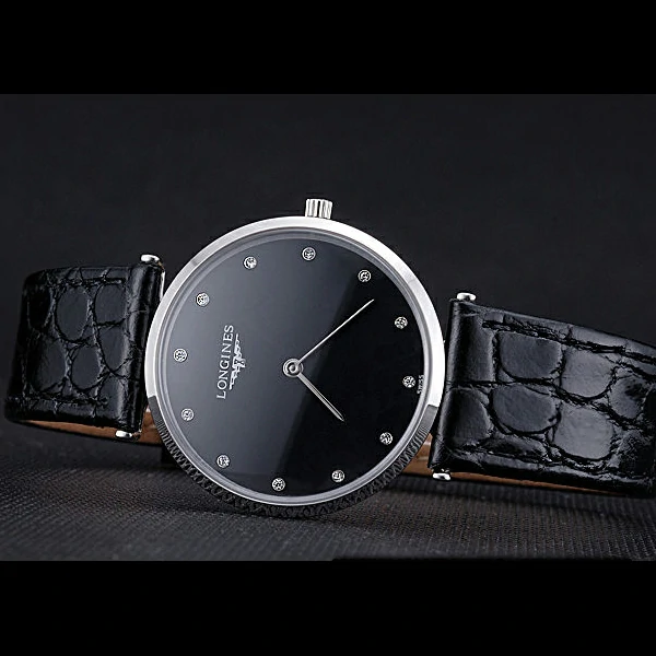 Longines La Grande Classique Black Dial Black Leather Band Diamond Markers Homme new60030
