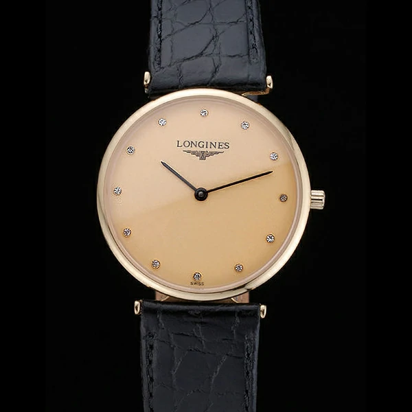 Longines La Grande Classique Champagne Dial Black Leather Band Diamond Markers Homme new60022