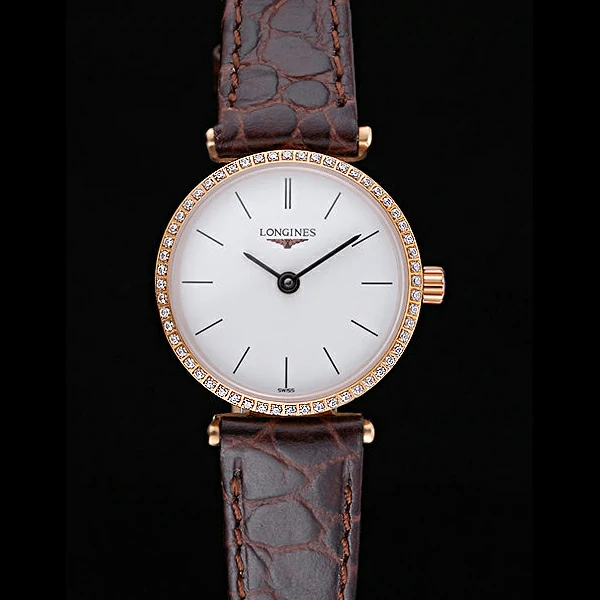 Longines La Grande Classique Diamond Bezel White Dial Brown Leather Strap Femme new60015