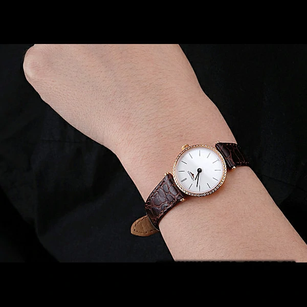 Longines La Grande Classique Diamond Bezel White Dial Brown Leather Strap Femme new60015