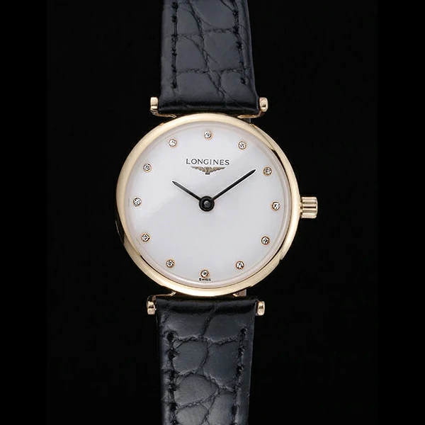 Longines La Grande Classique White Dial Black Leather Strap Diamond Markers Femme new60019