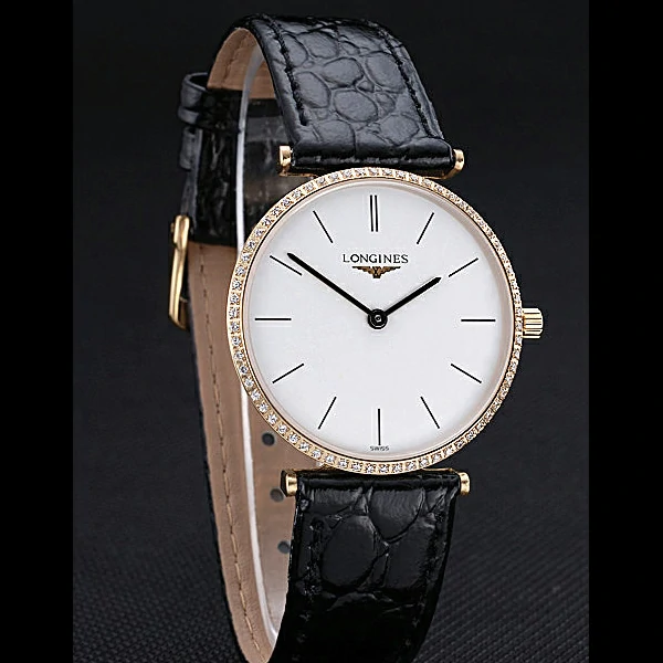 Longines La Grande Classique White Dial Diamond Bezel Black Leather Band Homme new60035