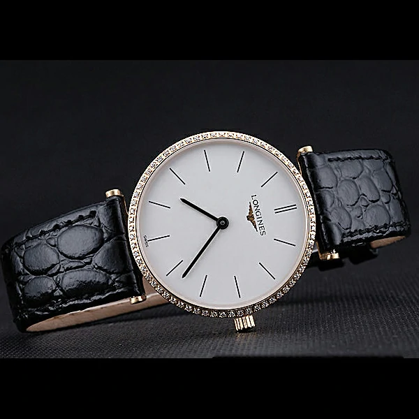 Longines La Grande Classique White Dial Diamond Bezel Black Leather Band Homme new60035