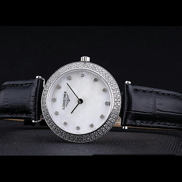 Longines La Grande Classique White Round Dial Diamond Case Diamond Numerals Black Leather Band new60280