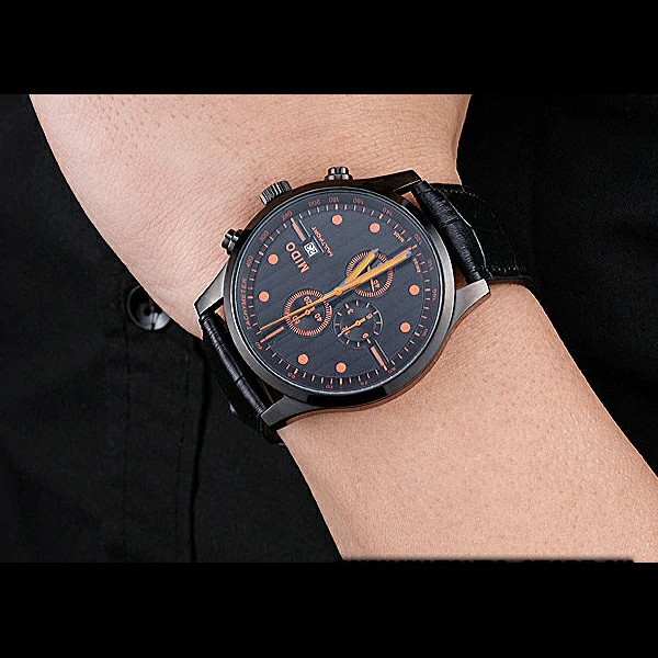 Mido Multifort Cronograph All Black & Orange Dial Black Leather Strap new60079