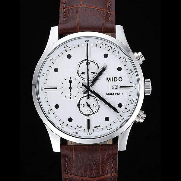 Mido Multifort Cronograph All White & Black Dial Brown Leather Strap new60081