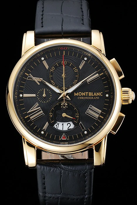 Montblanc Chronograph Black Dial Black Leather Bracelet Gold Case new125119