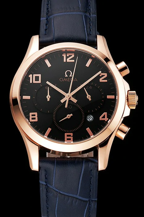 Omega Chronograph Black Dial Rose Gold Case Blue Leather Strap new123356