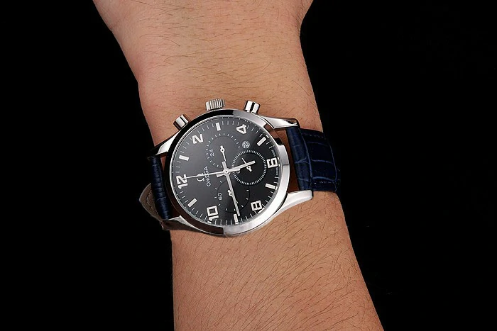 Omega Chronograph Black Dial Stainless Steel Case Blue Leather Strap new123353