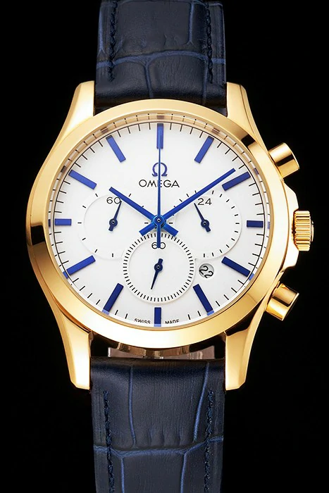 Omega Chronograph White Dial Gold Case Blue Leather Strap new123354
